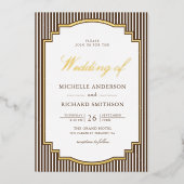 チョコレートブラウンのストライプの写真の結婚式のゴールド 箔招待状 (正面)