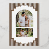 チョコレートブラウンのストライプの写真の結婚式のゴールド 箔招待状 (裏面)
