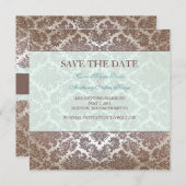 チョコレートブラウンのダマスク柄の「Save the Date」カード セーブザデート (正面/裏面)