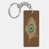 チョコレートブラウンのベージュピーコックの羽毛 キーホルダー (正面左)