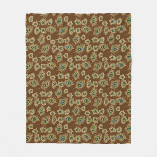 チョコレートブラウンのベージュピーコックの羽毛 フリースブランケット (正面)