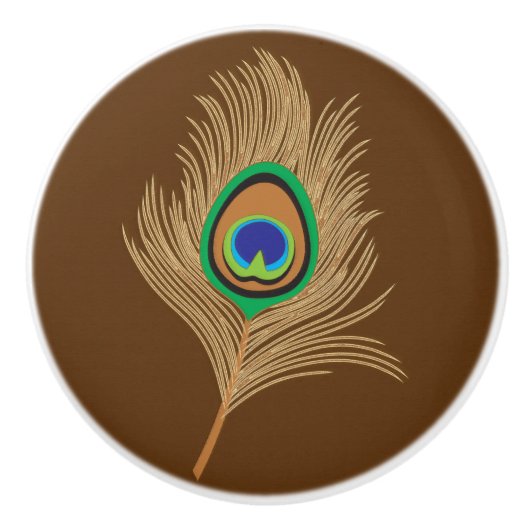 チョコレートブラウンのベージュピーコックフェザー セラミックノブ (正面)