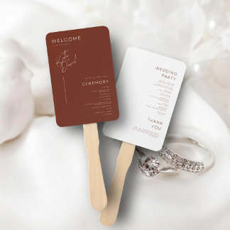 チョコレートブラウンのミニマリスト結婚式プログラム ハンドファン