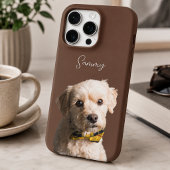 チョコレートブラウンのモダンな犬の写真と名前のスクリプト iPhoneケース