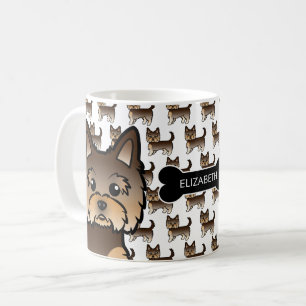 チョコレートブラウンのヨーキーの犬+骨+名前デザイン コーヒーマグカップ