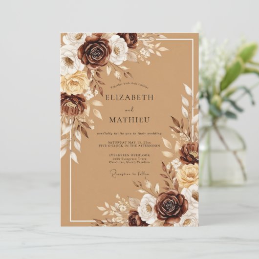 チョコレートブラウンのラスティックハーベストウェディング 招待状 (スタンド正面)