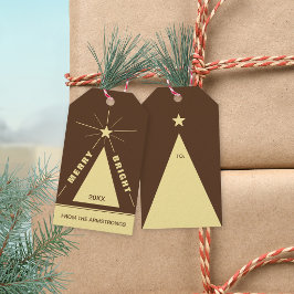 チョコレートブラウンの幾何学模様のクリスマスツリー ホリデー ギフトタグ