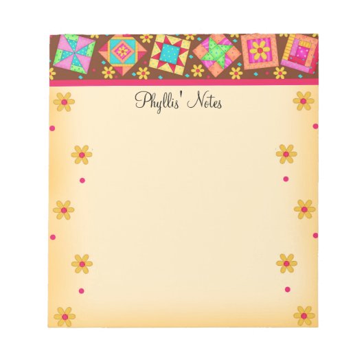 チョコレートブラウンイエローパッチワークキルトブロックアート ノートパッド (正面)