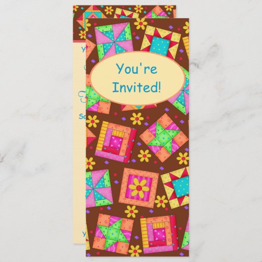 チョコレートブラウンイエローパッチワークキルトブロックアート 招待状 (正面/裏面)