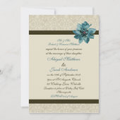 チョコレートブラウンクリーム及びティール（緑がかった色）ブルーフ結婚ラワーズ 招待状 (正面)