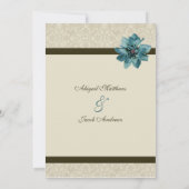 チョコレートブラウンクリーム及びティール(緑がかった色)ブルーフ結婚ラワーズ 招待状 (裏面)