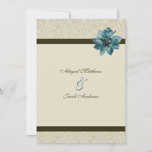 チョコレートブラウンクリーム及びティール（緑がかった色）ブルーフ結婚ラワーズ 招待状 (裏面)