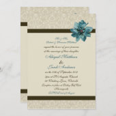 チョコレートブラウンクリーム及びティール(緑がかった色)ブルーフ結婚ラワーズ 招待状 (正面/裏面)