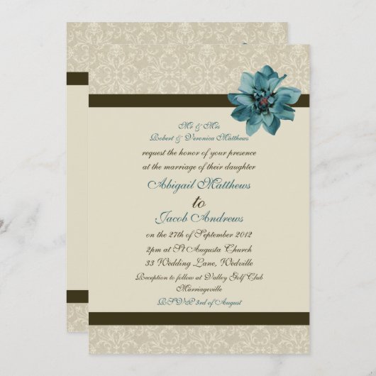 チョコレートブラウンクリーム及びティール（緑がかった色）ブルーフ結婚ラワーズ 招待状 (正面/裏面)