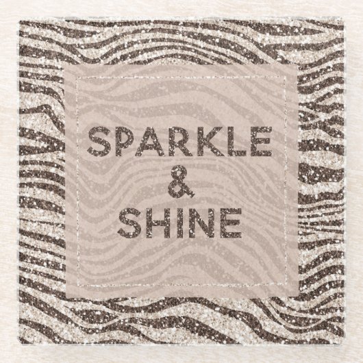 チョコレートブラウンクリーム赤面ゼブラグリッター ガラスコースター (正面)