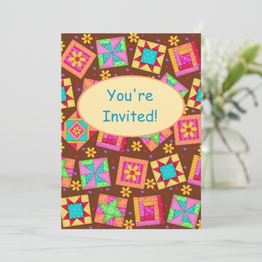 チョコレートブラウンパッチワークキルトブロックアート 招待状 (スタンド正面)
