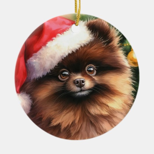 チョコレートブラウンポメラニア犬水彩クリスマス セラミックオーナメント (正面)