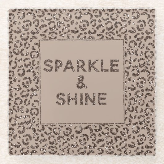 チョコレートブラウンモチャクリームヒョウグリッターシャイン ガラスコースター (正面)