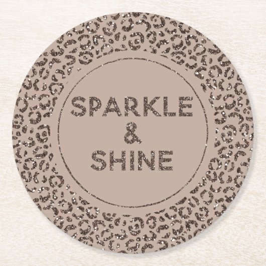 チョコレートブラウンモチャクリームヒョウグリッターシャイン ラウンドペーパーコースター (正面)
