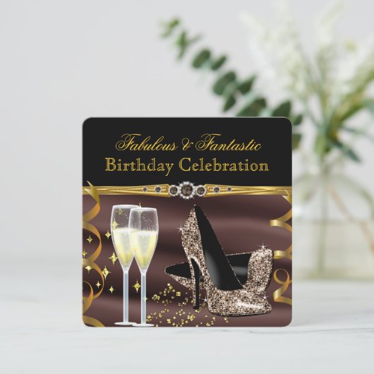 チョコレートブラウン金ゴールド素晴らしいヒール誕生日パーティー 招待状 (スタンド正面)
