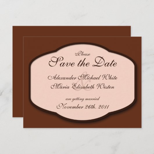 チョコレートブラウン&ベージュの結婚式 Save the Date 招待状 (正面/裏面)