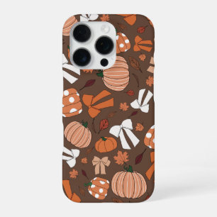 チョコレートブラウン ホワイト オレンジ かわいいパンプキンリボン iPhone 16 PROケース