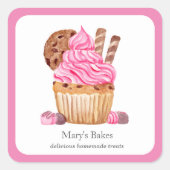 チョコレートベーカリー付き水色ピンクカップケーキ スクエアシール (正面)