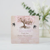 チョコレートミスティピンクハートリーフツリーラブバード 招待状 (スタンド正面)