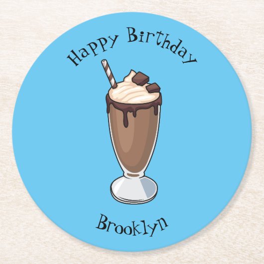 チョコレートミルクシェイク漫画イラストレーション ラウンドペーパーコースター (正面)