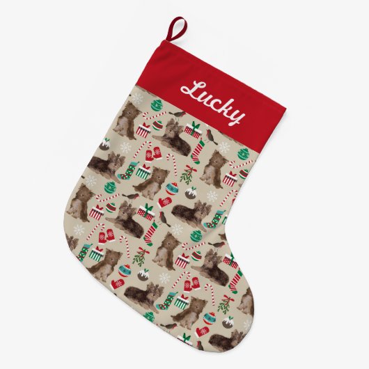 チョコレートヨークシャーテリアクリスマスストッキング ラージクリスマスストッキング (正面 (吊り時))