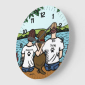 チョコレートラブラドールおよびお母さんおよびパパ ラージ壁時計 (傾斜)