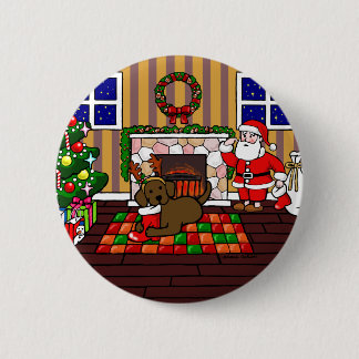 チョコレートラブラドールおよびサンタのクリスマスの漫画 缶バッジ