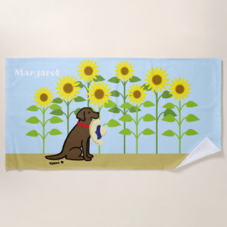 チョコレートラブラドールおよびヒマワリの夏 ビーチタオル