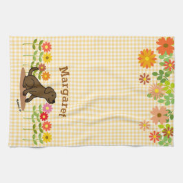 チョコレートラブラドールとたくさんの花 キッチンタオル