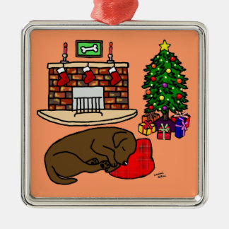 チョコレートラブラドールのクリスマスツリーのイラストレーション メタルオーナメント