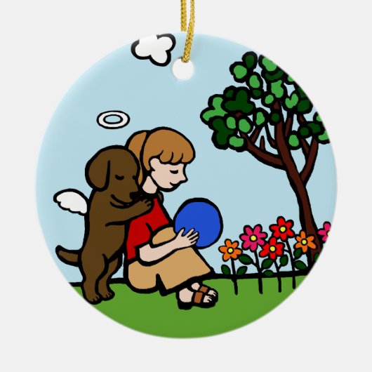 チョコレートラブラドールの天使およびお母さんの微笑 セラミックオーナメント (正面)