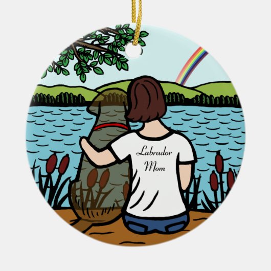 チョコレートラブラドールの天使およびお母さん1 セラミックオーナメント (正面)