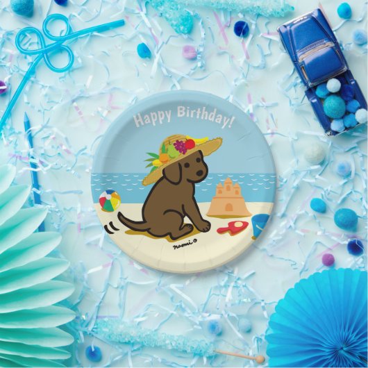 チョコレートラブラドールの子犬の麦わら帽子の誕生日 ペーパープレート (パーティー)