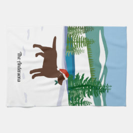 チョコレートラブラドールクリスマスエバーグリーンサンタハット キッチンタオル