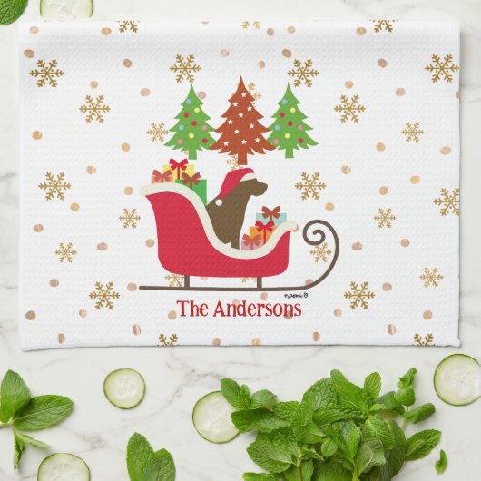 チョコレートラブラドールシルエットクリスマスそりゃ キッチンタオル (折り畳み)