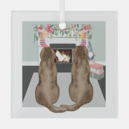 チョコレートラブラドールドッグスクリスマス暖炉のシーン ガラスオーナメント