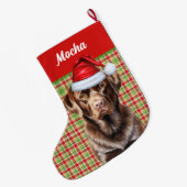 チョコレートラブラドールドッグホリディプレイドパーソナライズされた ラージクリスマスストッキング (裏面 (吊り時))