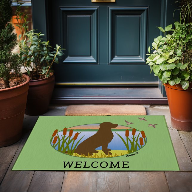 チョコレートラブラドールバードドッグサンセットオーバル ドアマット (Chocolate Labrador Bird Dog Sunset Oval Doormat for Labrador Owners.  Personalized Gift Idea.)