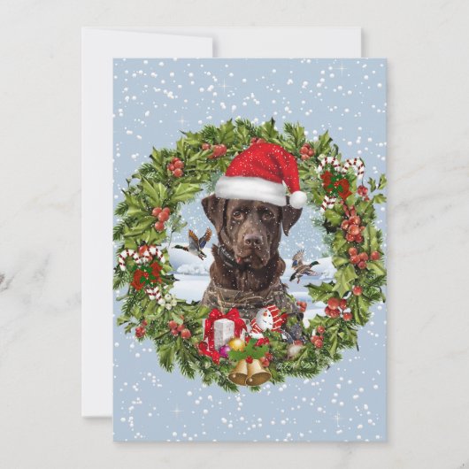 チョコレートラブラドールレトリバー、クリスマスリース 招待状 (正面)