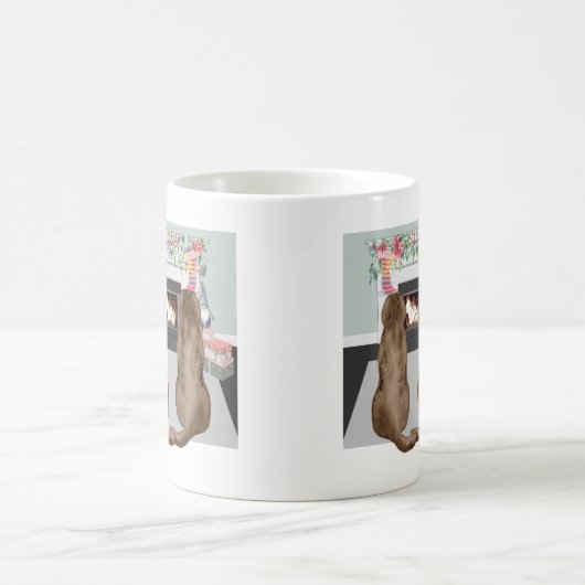 チョコレートラブラドール犬のクリスマス暖炉シーン コーヒーマグカップ (中央)