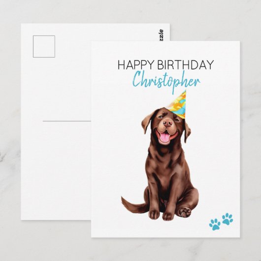 チョコレートラブラドール犬の誕生日カード お名前入り ポストカード (正面/裏面)