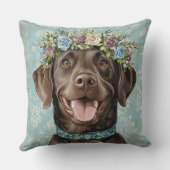 チョコレートラブラドール犬　青い花柄 クッション (裏面)