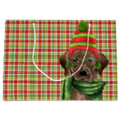 チョコレートラボと赤と緑の格子模様のクリスマス ラージペーパーバッグ (正面)