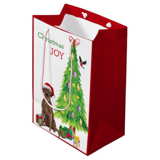 チョコレートラボサンタハットパピーとクリスマスツリー ミディアムペーパーバッグ (正面アングル)