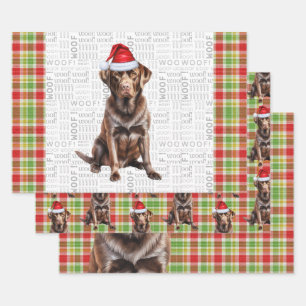 チョコレートラボドッグレッドとグリーンプライドのクリスマス ラッピングペーパーシート